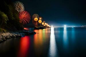 feux d'artifice plus de le l'eau à nuit. généré par ai photo