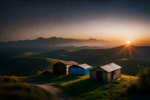 le Soleil monte plus de le montagnes. généré par ai photo