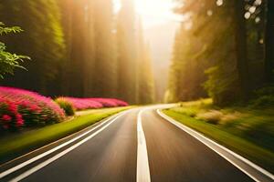 une route dans le forêt avec fleurs. généré par ai photo