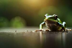 une grenouille séance sur le sol avec une floue Contexte. généré par ai photo