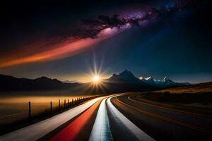 une route avec une brillant lumière Piste dans le ciel. généré par ai photo