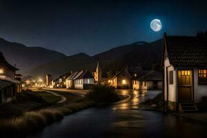 photo fond d'écran le lune, nuit, village, rivière, lune, rivière, clair de lune, village. généré par ai