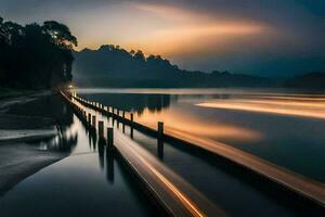 une longue exposition photographier de une Dock à le coucher du soleil. généré par ai photo