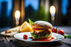 une Hamburger avec fromage, tomate et salade sur une plaque. généré par ai photo