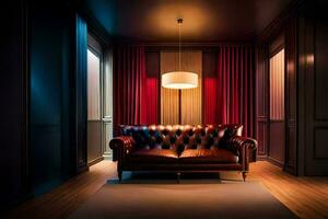 une foncé pièce avec une cuir canapé et rouge rideaux. généré par ai photo