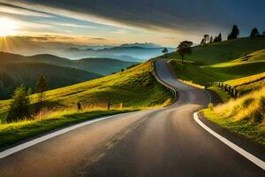 une enroulement route dans le montagnes avec le Soleil paramètre. généré par ai photo