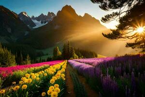 le Soleil brille plus de une champ de fleurs et montagnes. généré par ai photo