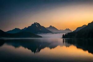 montagnes réfléchi dans une Lac à le coucher du soleil. généré par ai photo