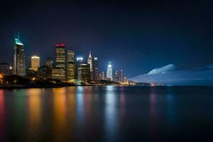 le Chicago horizon à nuit avec une brumeux lac. généré par ai photo