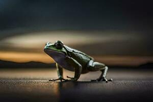 une grenouille est permanent sur une foncé surface. généré par ai photo