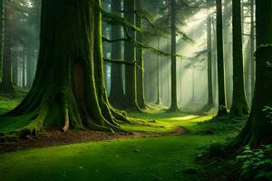 une vert forêt avec des arbres et lumière du soleil. généré par ai photo