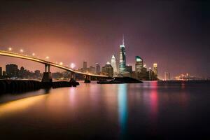 le ville horizon à nuit avec une pont plus de l'eau. généré par ai photo