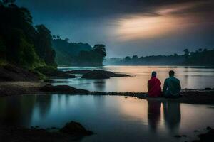 le couple est séance sur le rive de le rivière. généré par ai photo