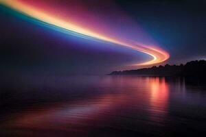 une arc en ciel lumière est réfléchi dans le l'eau. généré par ai photo