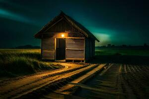 une petit en bois cabane est assis dans le milieu de une champ à nuit. généré par ai photo