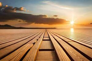 une en bois Dock avec le Soleil réglage plus de le l'eau. généré par ai photo