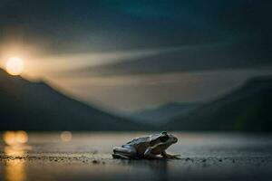 une grenouille séance sur le sol dans de face de une lac. généré par ai photo