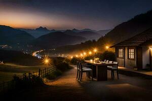 une table et chaises dans de face de une maison à nuit. généré par ai photo