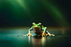 une grenouille est séance sur une table avec une vert Contexte. généré par ai photo