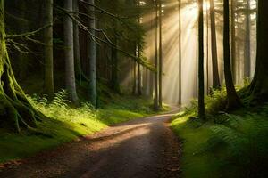 une saleté route dans le forêt avec rayons de soleil brillant par le des arbres. généré par ai photo
