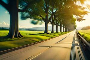 une longue route avec des arbres et herbe dans le Contexte. généré par ai photo