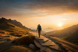 une promeneur des promenades en haut une Montagne Piste à le coucher du soleil. généré par ai photo