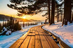 en bois chemin dans le neige. généré par ai photo