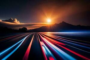 une longue exposition photographier de une route avec lumière les sentiers. généré par ai photo