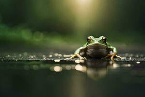 une grenouille séance sur le sol dans le pluie. généré par ai photo