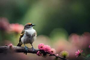 une oiseau est assis sur une branche avec rose fleurs. généré par ai photo