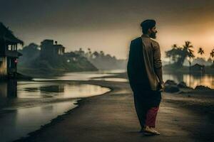 une homme dans une turban des promenades le long de le route à le coucher du soleil. généré par ai photo