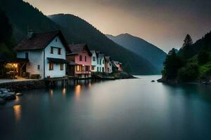 photo fond d'écran le ciel, montagnes, lac, Maisons, le eau, le montagnes, le l'eau. généré par ai