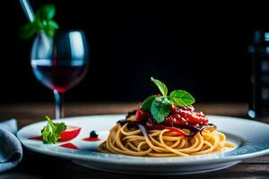 spaghetti avec tomate et basilic sur une blanc plaque. généré par ai photo