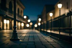 une rue avec lumières sur il à nuit. généré par ai photo