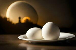 deux des œufs sur une assiette avec une plein lune dans le Contexte. généré par ai photo