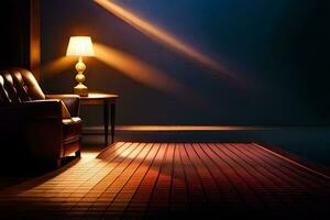 une chaise et lampe dans une foncé chambre. généré par ai photo