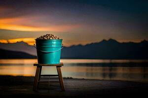 une seau de patates sur une tabouret dans de face de une lac. généré par ai photo