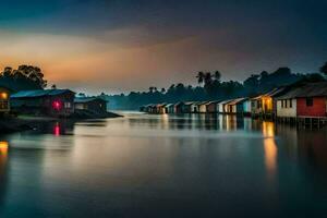 Maisons sur le l'eau à le coucher du soleil. généré par ai photo