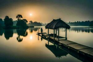 une homme des stands sur une Dock à lever du soleil plus de une lac. généré par ai photo