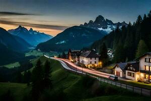 une route dans le montagnes à crépuscule. généré par ai photo