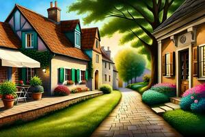 une La peinture de une rue avec Maisons et fleurs. généré par ai photo