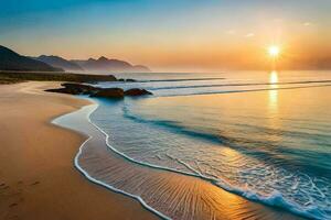 le Soleil monte plus de le océan et le vagues sur le plage. généré par ai photo