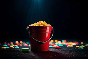 une rouge seau rempli avec pop corn et bonbons. généré par ai photo