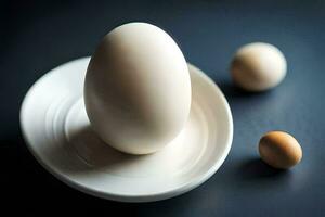 un Oeuf sur une assiette avec deux autre des œufs. généré par ai photo