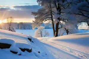 une neigeux paysage avec des arbres et une route. généré par ai photo