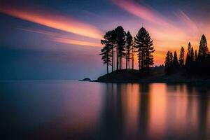 une magnifique le coucher du soleil plus de le l'eau avec des arbres. généré par ai photo