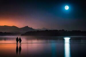 deux gens supporter sur le rive de une Lac à nuit. généré par ai photo