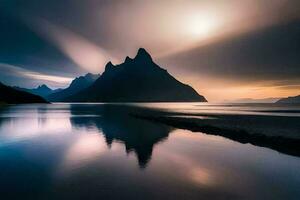 le Soleil est réglage plus de montagnes dans Norvège. généré par ai photo