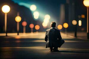 une homme dans une costume est assis sur le rue à nuit. généré par ai photo