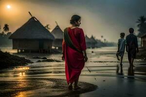 une femme dans une rouge robe des promenades le long de le rive à le coucher du soleil. généré par ai photo